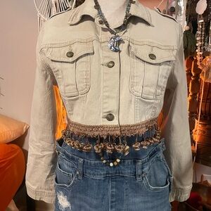 Stylish Cream Colored Jean Jacket Embellished with Boho Bullion Fringe Trim